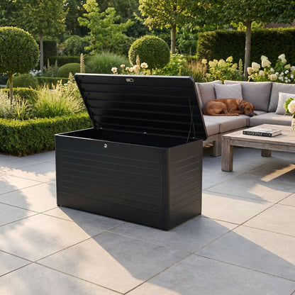 Large Black Galvanised Steel Outdoor Cushion Storage Box with Lockable Lid – Metal Garden Storage Chest 91x160x79cm – weatherproof powder-coated galvanised steel outdoor cushion storage box with gas pump-assisted soft-close lid, lockable garden storage for patio cushions, furniture covers and outdoor accessories, modern black luxury garden storage chest for premium outdoor living spaces | Click Style