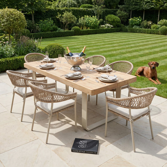 Natural & Light Beige 6 Seater Outdoor Garden Dining Set with Square Tie-On Cushions – Large Rectangular Thick-Top Acacia Wood Table & 6 Curved Back Rope Weave Dining Chairs, Light Beige Powder-Coated Aluminium Frame, Light Linen Season-Proof Cushions with Secure Ties, Weather-Resistant Luxury Patio Furniture Set for UK Gardens, Patios, Decking & Terraces | Click Style