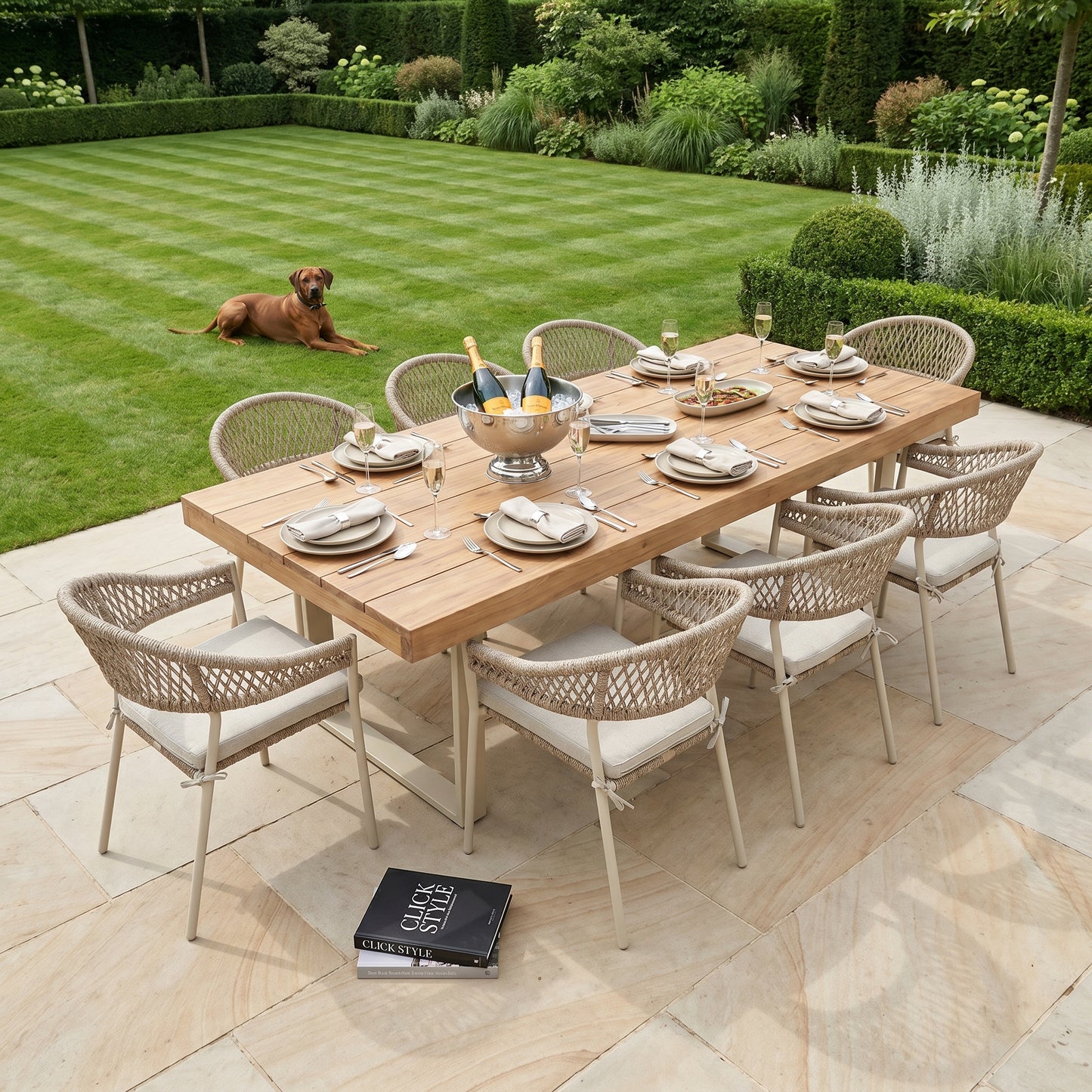 Natural & Light Beige 8 Seater Outdoor Garden Dining Set with Square Tie-On Cushions – Large Rectangular Thick-Top Acacia Wood Table & 8 Curved Back Rope Weave Dining Chairs, Light Beige Powder Coated Aluminium Frame, Light Linen Season-Proof Cushions with Secure Ties, Weather Resistant Luxury Garden Patio Furniture Set for Gardens, Patios, Decking & Terraces | Click Style