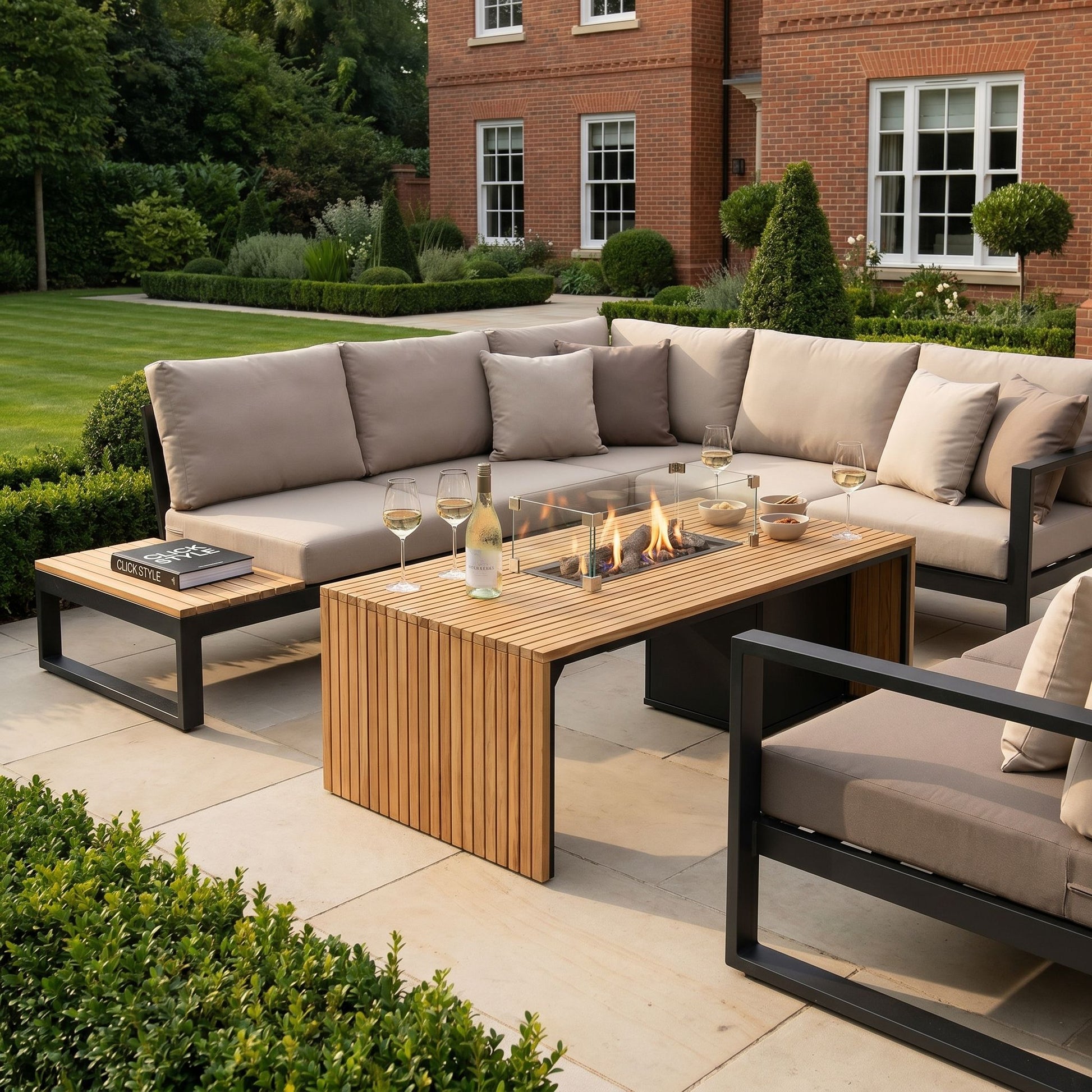 Cosibridge 140 Rectangular Outdoor Gas Fire Pit Table with Slatted Teak Wood Top & Sides – Freestanding Garden Coffee Table Firepit – luxury rectangular outdoor gas fire pit table with slatted teak finish, aluminium frame, optional glass wind guard and ceramic logs, propane gas burner with lava stones, modern patio heater table styled with corner sofa seating for gardens, patios and terraces | Click Style