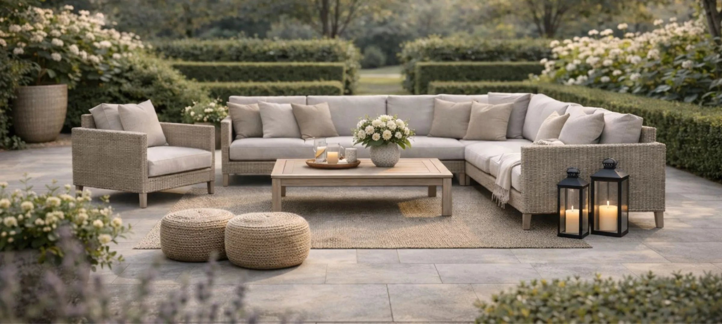 Luxury Outdoor Garden Furniture Patio Seating Set in Landscaped Garden with Neutral Rattan Sofa and Coffee Table | Click Style
