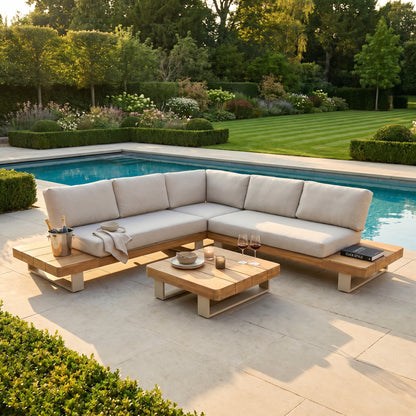 Natural & Light Beige 6-Seater Outdoor Garden Corner Sofa Set with Cushions – Acacia Wood Platform Lounge Set with Light Beige Powder-Coated Aluminium Frame, Coffee Table & Integrated Platform Side Tables 280x280cm, Deep Season-Proof Linen-Look Cushions & Weather-Resistant Outdoor Lounge Furniture for UK Gardens, Patios & Terraces | Click Style