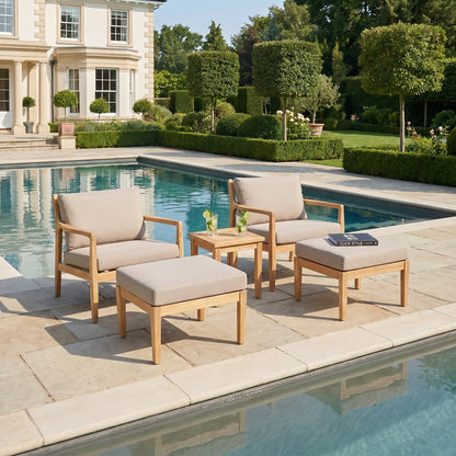 Neutral Beige Taupe 2-Seater Outdoor Garden Lounge Set with Armchairs, Footstools & Side Table – Light Teak Effect Acacia Wood Bistro Patio Set with Cushions, Compact Seating for Garden, Terrace, Balcony, Conservatory & Outdoor Living Space | Click Style