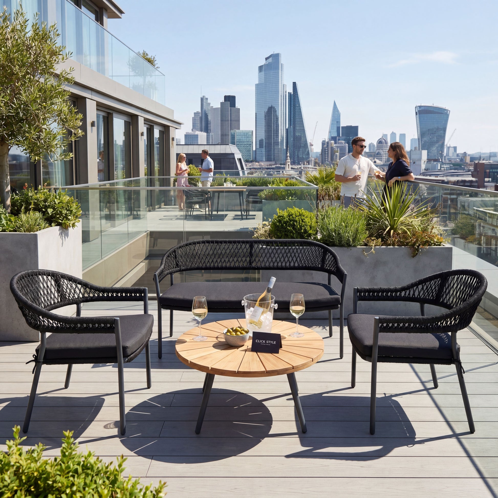 Black 4-Seater Outdoor Rope Garden Sofa Set with Cushions – Acacia Wood Coffee Table & Powder-Coated Aluminium Chairs – contemporary black rope weave garden lounge set with teak-effect acacia wood round coffee table, powder-coated aluminium frames, season-proof cushions and luxury patio seating for modern terraces, courtyards and stylish outdoor living spaces 39x80x80cm | Click Style