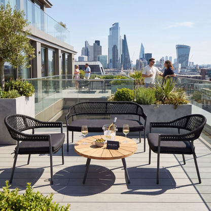 Black 4-Seater Outdoor Rope Garden Sofa Set with Cushions – Acacia Wood Coffee Table & Powder-Coated Aluminium Chairs – contemporary black rope weave garden lounge set with teak-effect acacia wood round coffee table, powder-coated aluminium frames, season-proof cushions and luxury patio seating for modern terraces, courtyards and stylish outdoor living spaces 39x80x80cm | Click Style