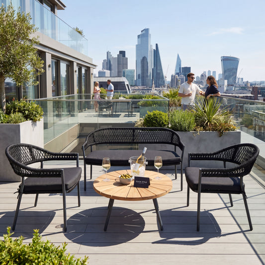 Black 4-Seater Outdoor Rope Garden Sofa Set with Cushions – Acacia Wood Coffee Table & Powder-Coated Aluminium Chairs – contemporary black rope weave garden lounge set with teak-effect acacia wood round coffee table, powder-coated aluminium frames, season-proof cushions and luxury patio seating for modern terraces, courtyards and stylish outdoor living spaces 39x80x80cm | Click Style