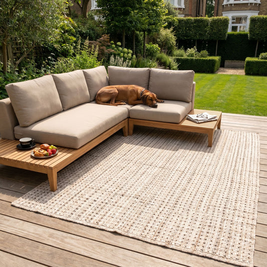 Large Beige & Brown Rectangular Indoor Outdoor Rug with Textured Woven Detailing – Recycled Weather-Resistant & Durable 300x200cm – luxury beige and brown woven rug for patios, decking, balconies, garden seating areas and contemporary interiors, crafted from recycled PET yarn with textured detailing, soft neutral tones, quick-drying weather-resistant durability and a natural modern aesthetic for stylish indoor and outdoor living | Click Style