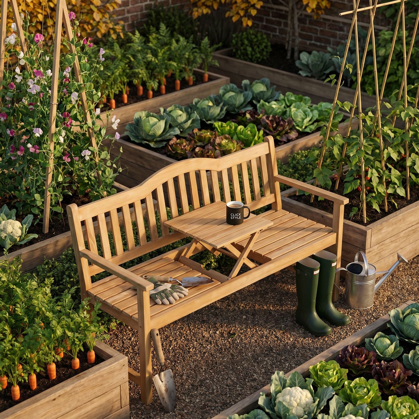 Henley Natural Acacia Wood Garden Bench with Pop-up Table – Space-Saving 2–3 Seater Wooden Outdoor Bench with Built-In Folding Centre Table, Natural Acacia Wood Patio & Garden Seating for Courtyards, Terraces & Relaxed Outdoor Living Spaces | Click Style