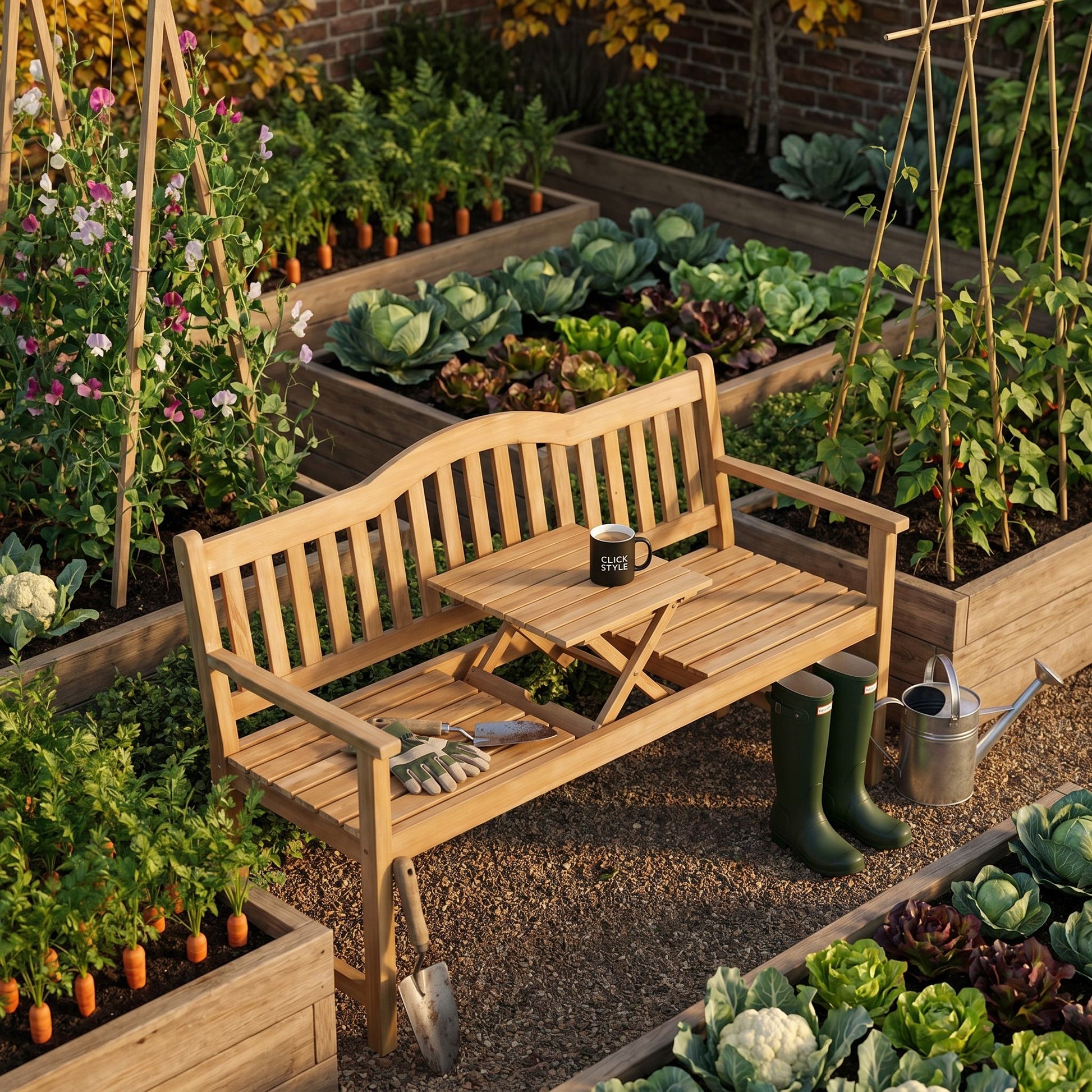 Henley Natural Acacia Wood Garden Bench with Pop-up Table – Space-Saving 2–3 Seater Wooden Outdoor Bench with Built-In Folding Centre Table, Natural Acacia Wood Patio & Garden Seating for Courtyards, Terraces & Relaxed Outdoor Living Spaces | Click Style