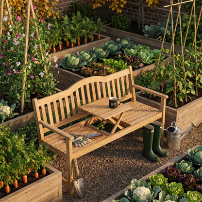 Henley Natural Acacia Wood Garden Bench with Pop-up Table – Space-Saving 2–3 Seater Wooden Outdoor Bench with Built-In Folding Centre Table, Natural Acacia Wood Patio & Garden Seating for Courtyards, Terraces & Relaxed Outdoor Living Spaces | Click Style