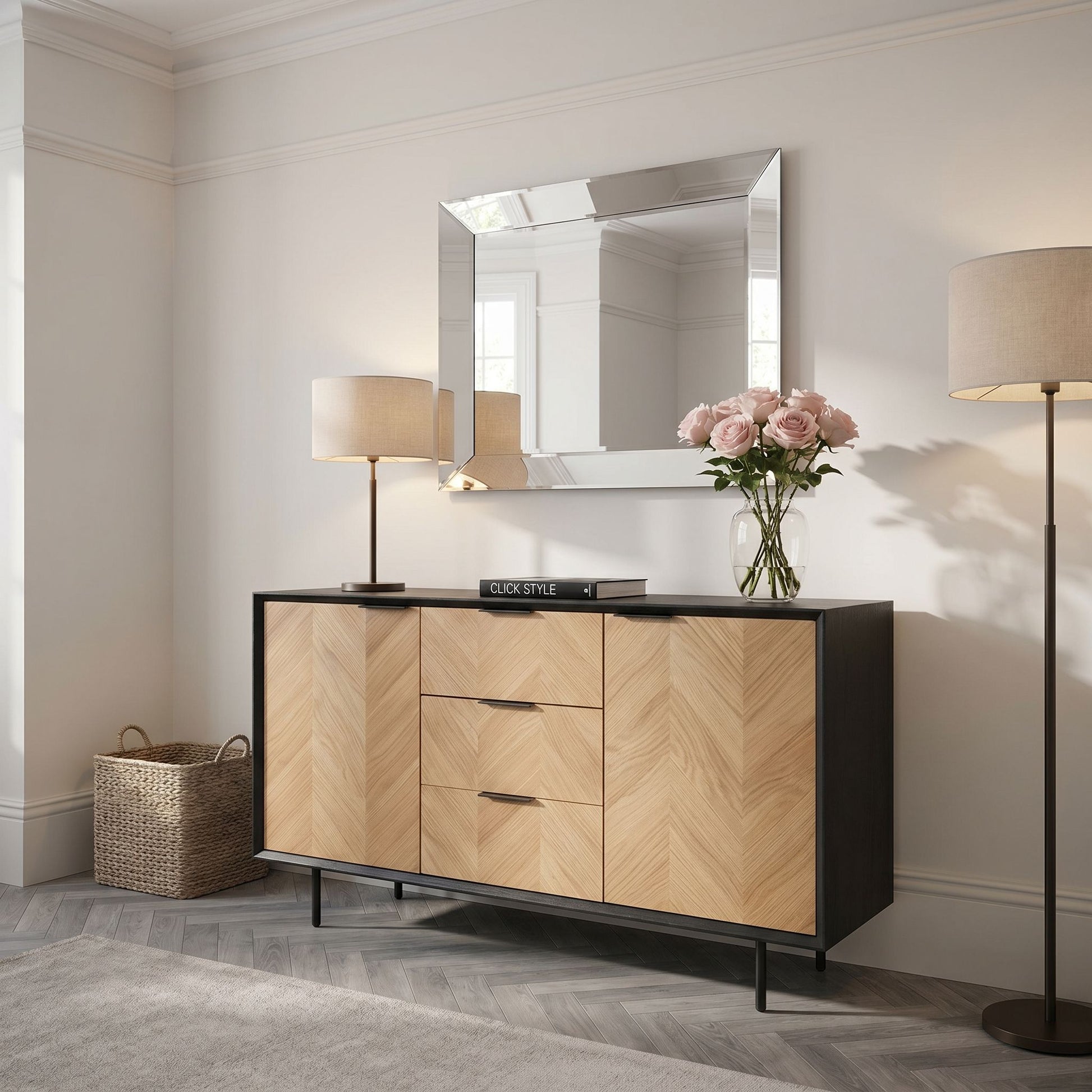 Scandinavian Two Tone Chevron Oak & Black Wood 2 Door 3 Drawer Sideboard with Herringbone Veneer Doors – Modern Scandi Storage Cabinet with Slim Black Metal Handles, Black Frame & Legs, Wooden Buffet Sideboard for Living Room, Dining Room & Hallway 80x140x43cm | Click Style