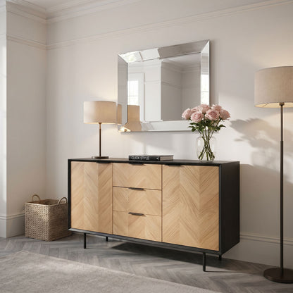 Scandinavian Two Tone Chevron Oak & Black Wood 2 Door 3 Drawer Sideboard with Herringbone Veneer Doors – Modern Scandi Storage Cabinet with Slim Black Metal Handles, Black Frame & Legs, Wooden Buffet Sideboard for Living Room, Dining Room & Hallway 80x140x43cm | Click Style