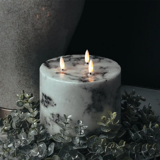 Marble-Effect LED 3 Wick Pillar Candle with Flickering Flame 15x15cm – Click Style