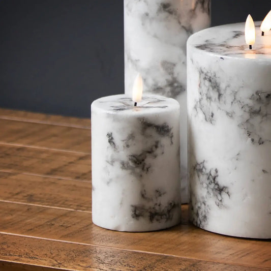 Marble-Effect LED Pillar Candle with Flickering Flame 10x7.5cm – Click Style