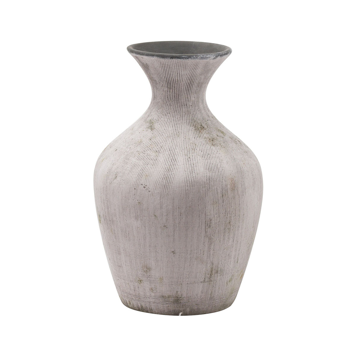 Matt Grey Ceramic Boulbous Fluted Neck Vase With Earthy Distressed Texture – Click Style