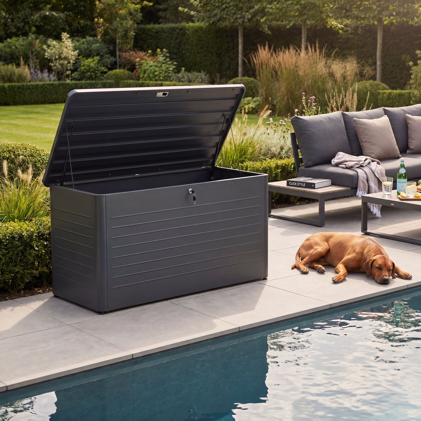 Large Anthracite Grey Galvanised Steel Outdoor Cushion Storage Box with Lockable Lid – Metal Garden Storage Chest 91x160x79cm – weatherproof powder-coated galvanised steel outdoor cushion storage box with gas pump-assisted soft-close lid, lockable garden storage for patio cushions, furniture covers and outdoor accessories, modern anthracite grey luxury garden storage chest for contemporary patios, landscaped gardens and premium outdoor living spaces | Click Style