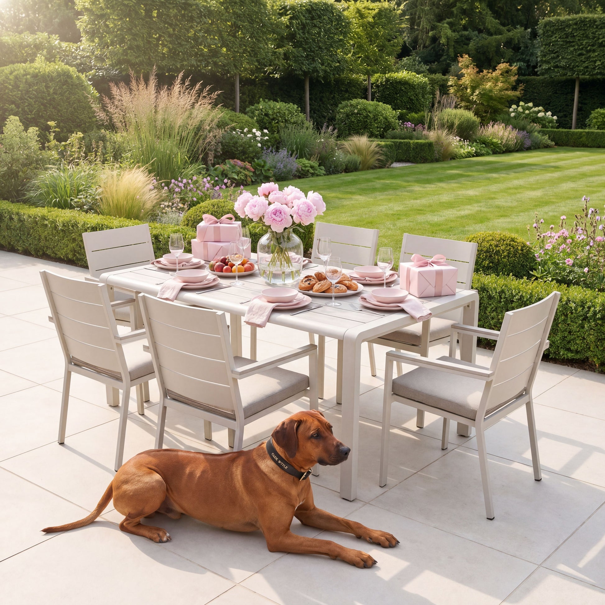 Grey & Cream 6-Seater Outdoor Garden Dining Set with Cushions – Powder-Coated Aluminium Table & Chairs with Polywood Top – modern outdoor dining set with weather-resistant latte cream aluminium frame, ash grey slatted polywood tabletop, stackable garden chairs with putty grey Olefin cushions, luxury outdoor dining furniture for contemporary gardens, patios and outdoor entertaining spaces | Click Style
