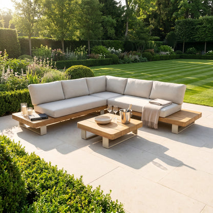 Natural & Light Beige 6-Seater Outdoor Garden Corner Sofa Set with Cushions – Acacia Wood Platform Lounge Set with Light Beige Powder-Coated Aluminium Frame, Coffee Table & Integrated Platform Side Tables 280x280cm, Deep Season-Proof Linen-Look Cushions & Weather-Resistant Outdoor Lounge Furniture for UK Gardens, Patios & Terraces | Click Style