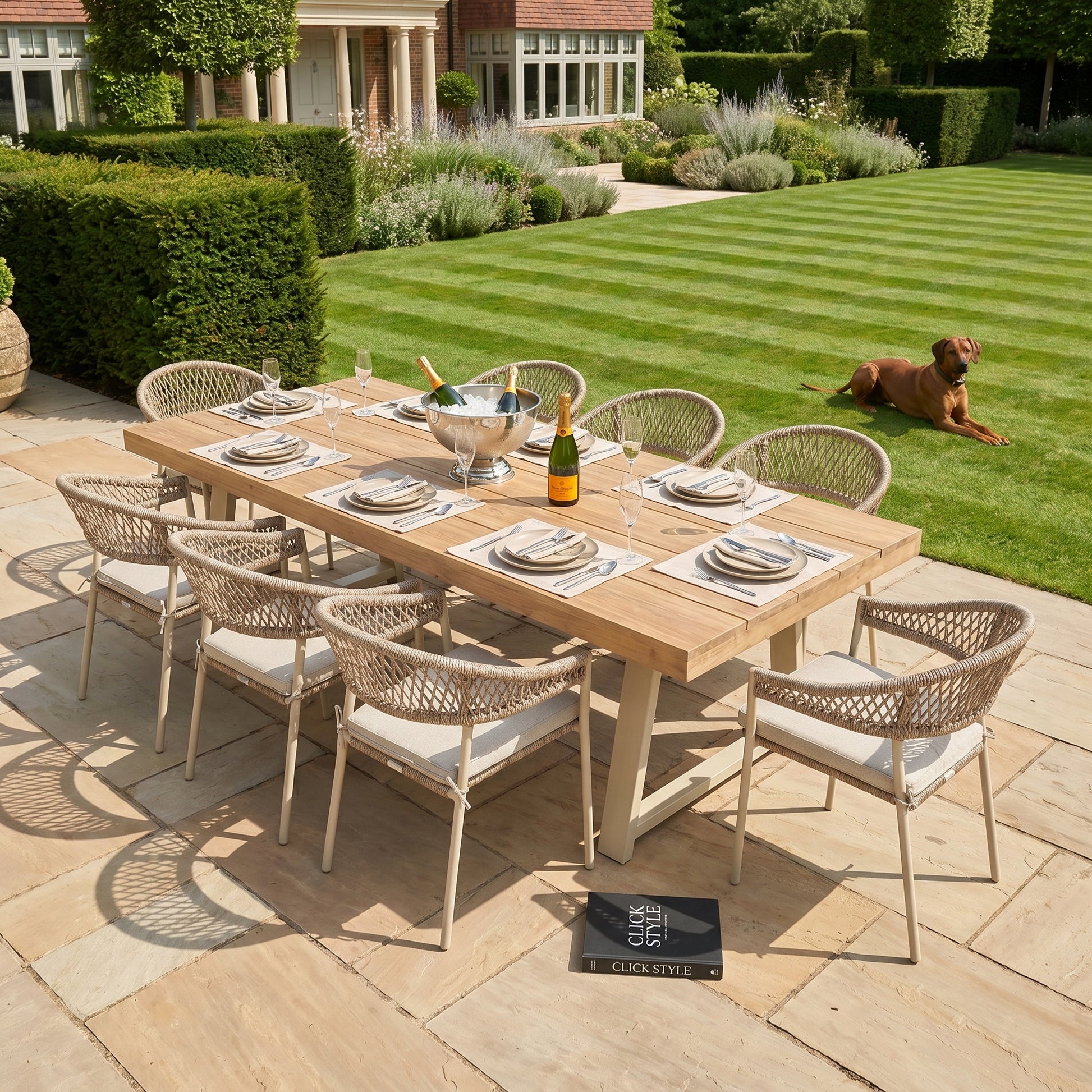 Natural & Light Beige 8 Seater Outdoor Garden Dining Set with Square Tie-On Cushions – Large Rectangular Thick-Top Acacia Wood Table & 8 Curved Back Rope Weave Dining Chairs, Light Beige Powder Coated Aluminium Frame, Light Linen Season-Proof Cushions with Secure Ties, Weather Resistant Luxury Garden Patio Furniture Set for Gardens, Patios, Decking & Terraces | Click Style