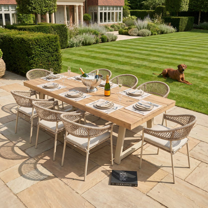 Natural & Light Beige 8 Seater Outdoor Garden Dining Set with Square Tie-On Cushions – Large Rectangular Thick-Top Acacia Wood Table & 8 Curved Back Rope Weave Dining Chairs, Light Beige Powder Coated Aluminium Frame, Light Linen Season-Proof Cushions with Secure Ties, Weather Resistant Luxury Garden Patio Furniture Set for Gardens, Patios, Decking & Terraces | Click Style