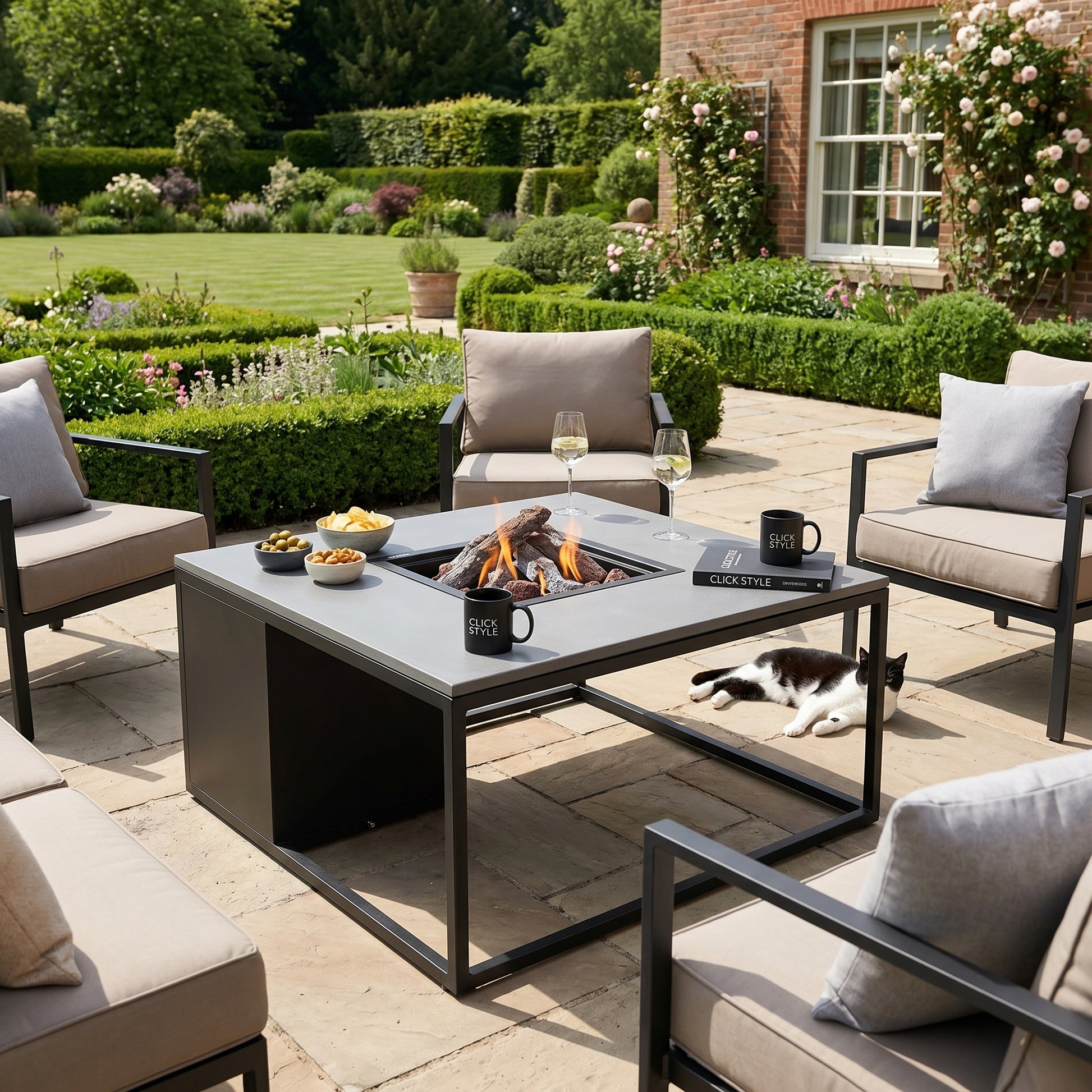 Cosiloft 100 Square Outdoor Gas Fire Pit Table with Black Metal Base & Grey Aluminium Top – Freestanding Garden Coffee Table Firepit 50x100x100cm – propane gas outdoor fire pit table with 9kW heat output, integrated gas burner with ceramic logs and lava stones, hidden 5kg gas bottle storage, weather-resistant aluminium frame, modern patio heater coffee table for garden, patio, decking and outdoor seating areas | Click Style