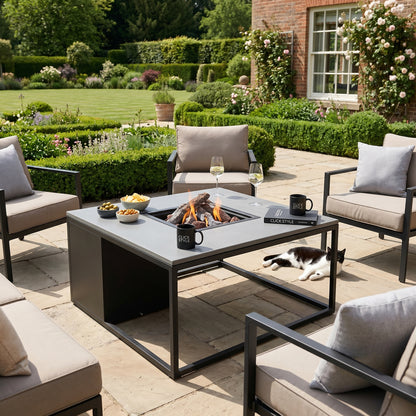 Cosiloft 100 Square Outdoor Gas Fire Pit Table with Black Metal Base & Grey Aluminium Top – Freestanding Garden Coffee Table Firepit 50x100x100cm – propane gas outdoor fire pit table with 9kW heat output, integrated gas burner with ceramic logs and lava stones, hidden 5kg gas bottle storage, weather-resistant aluminium frame, modern patio heater coffee table for garden, patio, decking and outdoor seating areas | Click Style
