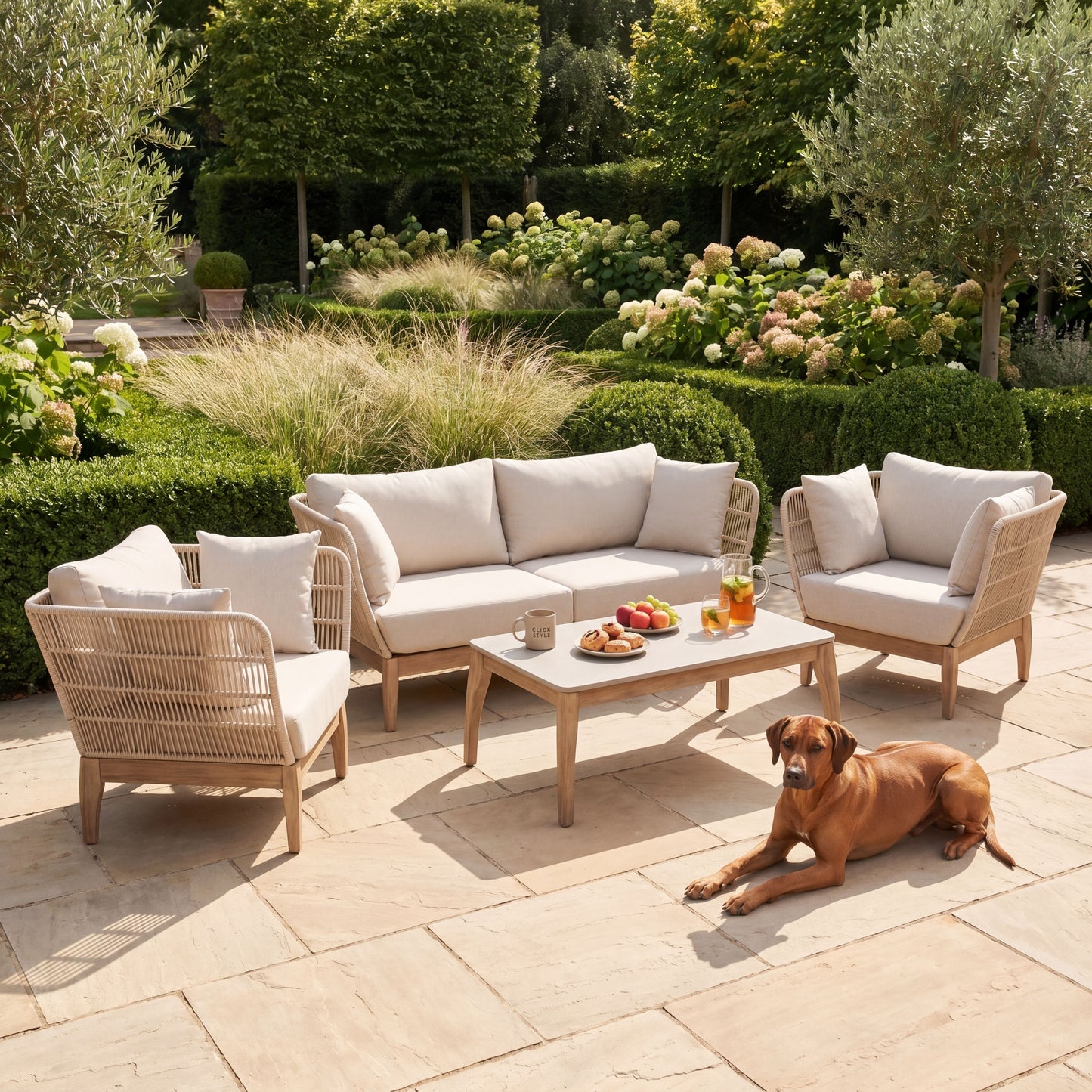 Neutral Beige 4-Seater Outdoor Rope Garden Sofa Set with Cushions – Acacia Wood & Polyrope Coffee Table & Armchairs 40x100x60cm – contemporary outdoor rope garden furniture set with natural oatmeal Olefin cushions, sustainable acacia wood frame, hand-woven latte polyrope weave, cement-effect polystone coffee table, weather-resistant patio seating for modern gardens, terraces and luxury outdoor living spaces | Click Style