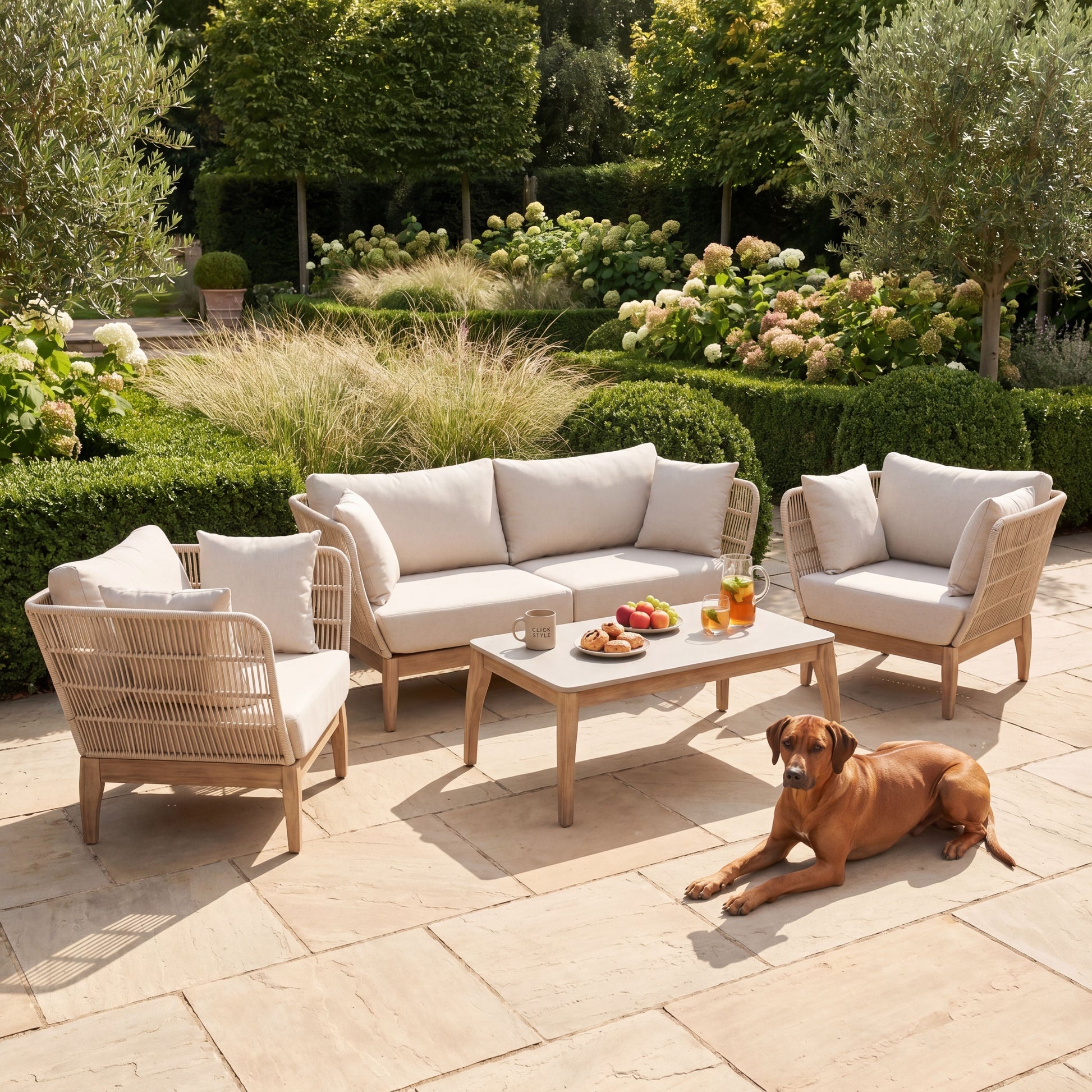 Neutral Beige 4-Seater Outdoor Rope Garden Sofa Set with Cushions – Acacia Wood & Polyrope Coffee Table & Armchairs 40x100x60cm – contemporary outdoor rope garden furniture set with natural oatmeal Olefin cushions, sustainable acacia wood frame, hand-woven latte polyrope weave, cement-effect polystone coffee table, weather-resistant patio seating for modern gardens, terraces and luxury outdoor living spaces | Click Style