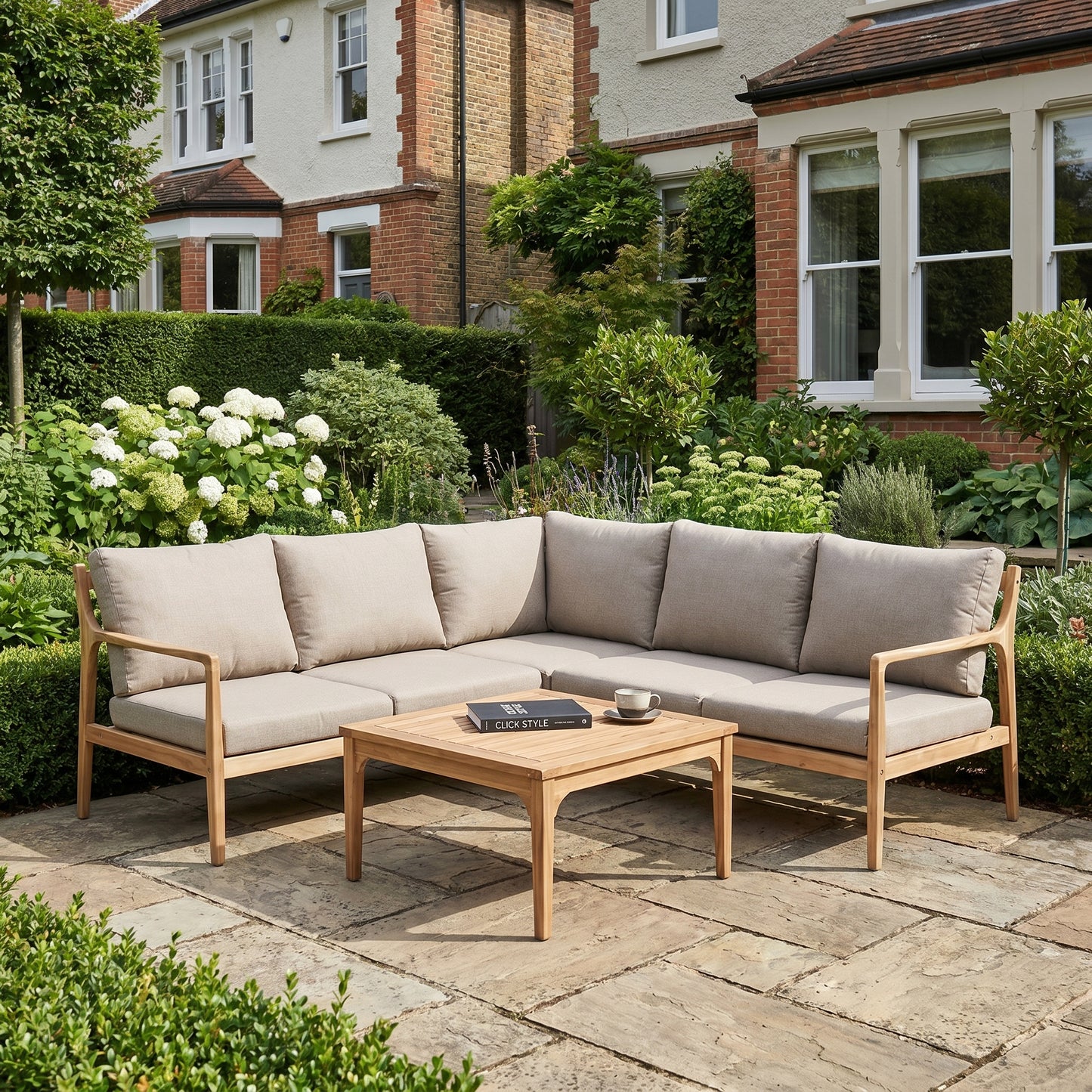 Neutral Beige Taupe Outdoor Garden Corner Sofa Set with Cushions & Square Coffee Table – Light Teak Effect Acacia Wood L-Shaped Lounge Set, 6-Seater Patio Corner Seating for Garden, Terrace, Conservatory & Outdoor Living Space | Click Style