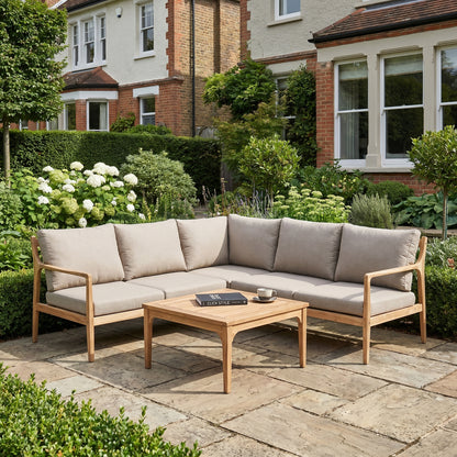 Neutral Beige Taupe Outdoor Garden Corner Sofa Set with Cushions & Square Coffee Table – Light Teak Effect Acacia Wood L-Shaped Lounge Set, 6-Seater Patio Corner Seating for Garden, Terrace, Conservatory & Outdoor Living Space | Click Style