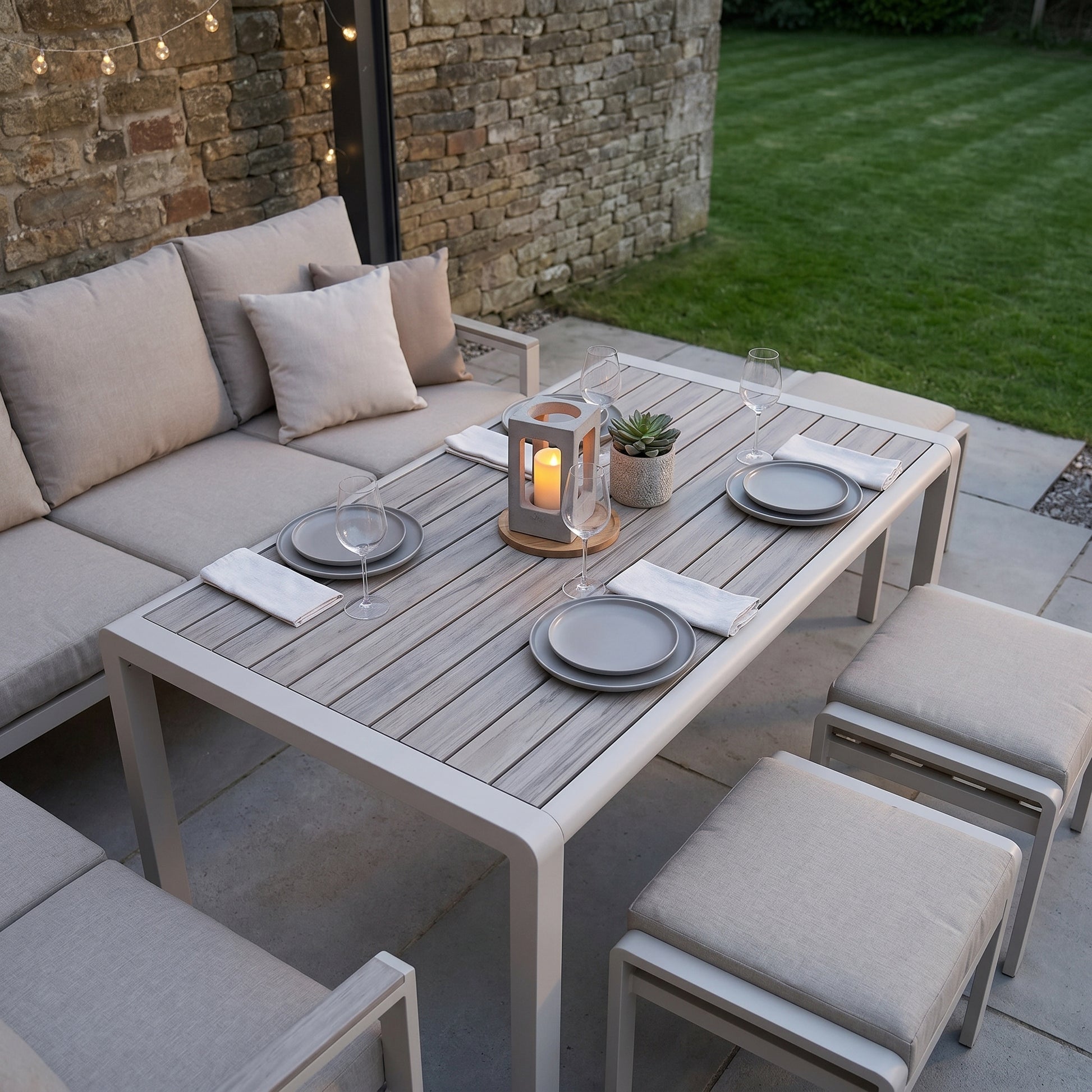 Grey & Cream 8-Seater Outdoor Garden Corner Sofa Dining Set with Cushions – Aluminium Frame, Polywood Table & Footstools, Luxury Corner Lounge Dining Set with Season-Proof Cushions, Modern Garden Furniture for Patios, Decking, Terraces & Outdoor Dining | Click Style