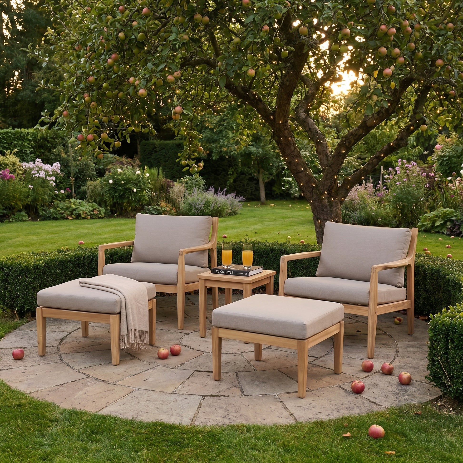 Neutral Beige Taupe 2-Seater Outdoor Garden Lounge Set with Armchairs, Footstools & Side Table – Light Teak Effect Acacia Wood Bistro Patio Set with Cushions, Compact Seating for Garden, Terrace, Balcony, Conservatory & Outdoor Living Space | Click Style