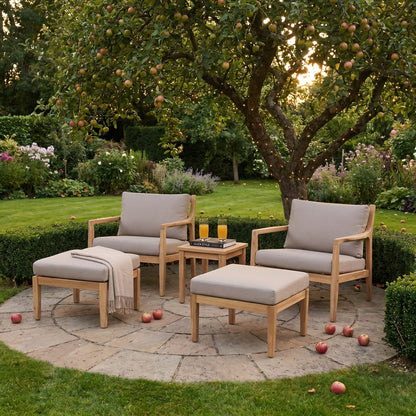 Neutral Beige Taupe 2-Seater Outdoor Garden Lounge Set with Armchairs, Footstools & Side Table – Light Teak Effect Acacia Wood Bistro Patio Set with Cushions, Compact Seating for Garden, Terrace, Balcony, Conservatory & Outdoor Living Space | Click Style