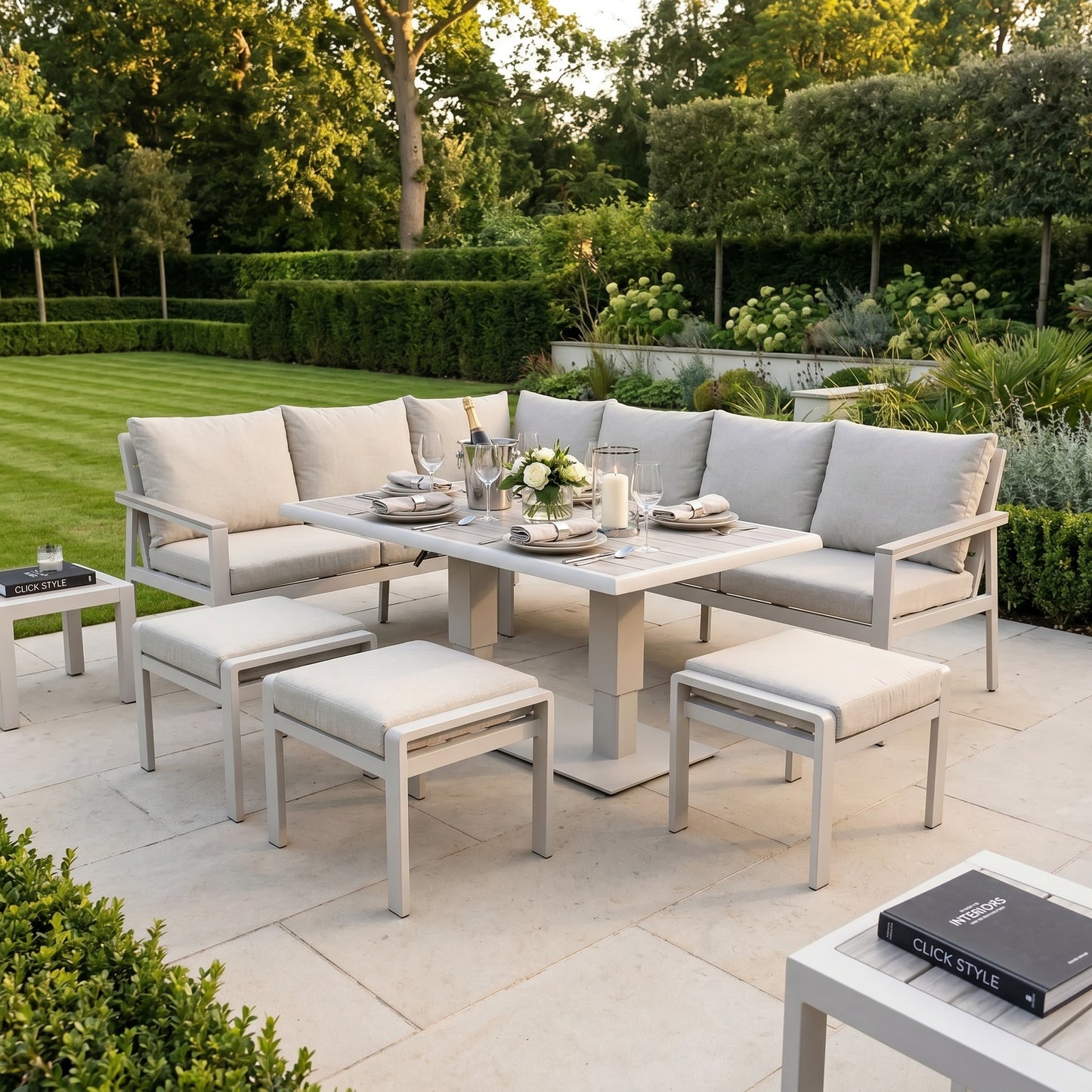 Grey & Cream 8-Seater Outdoor Garden Corner Sofa Set with Cushions – Aluminium Frame, Adjustable Polywood Coffee to Dining Table & 3 Footstools with Latte Cream Frame, Ash Grey Wood-Effect Polywood Top and Putty Grey Olefin Cushions for Patio Dining, Garden Lounging & Outdoor Entertaining | Click Style