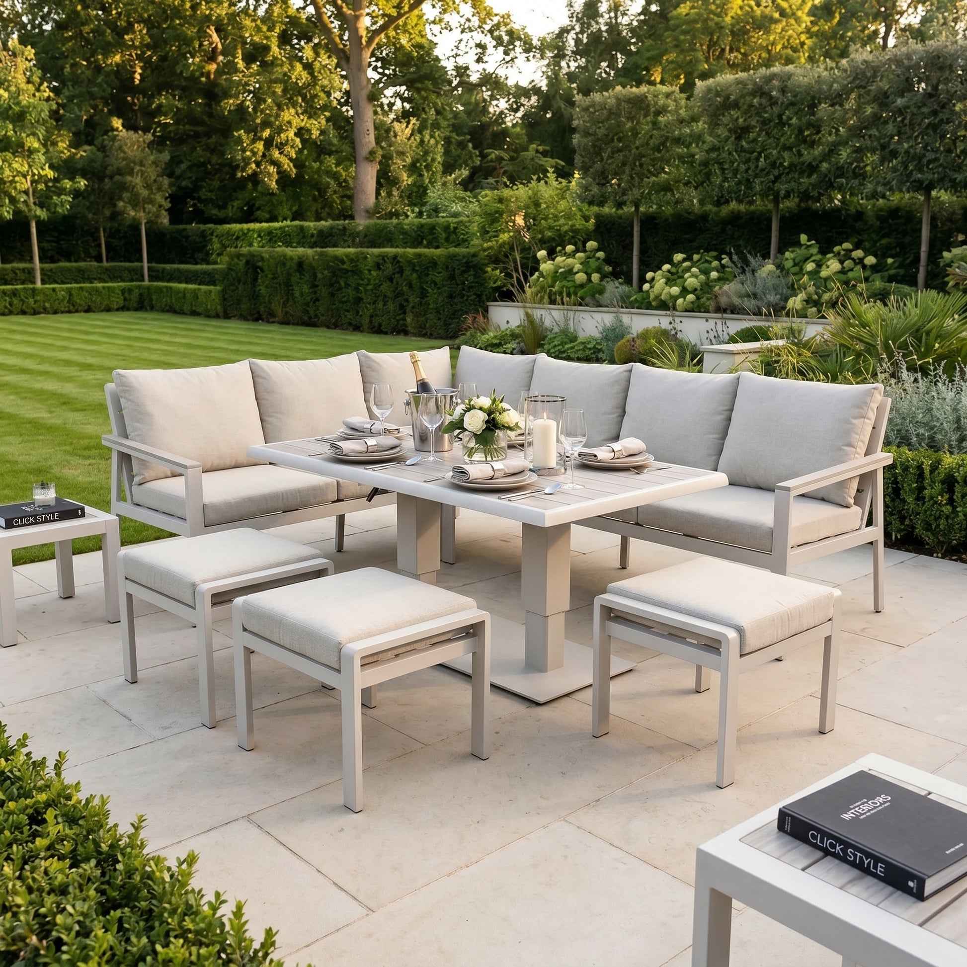 Grey & Cream 8-Seater Outdoor Garden Corner Sofa Set with Cushions – Aluminium Frame, Adjustable Polywood Coffee to Dining Table & 3 Footstools with Latte Cream Frame, Ash Grey Wood-Effect Polywood Top and Putty Grey Olefin Cushions for Patio Dining, Garden Lounging & Outdoor Entertaining | Click Style