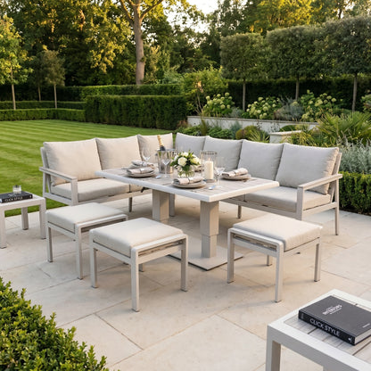 Grey & Cream 8-Seater Outdoor Garden Corner Sofa Set with Cushions – Aluminium Frame, Adjustable Polywood Coffee to Dining Table & 3 Footstools with Latte Cream Frame, Ash Grey Wood-Effect Polywood Top and Putty Grey Olefin Cushions for Patio Dining, Garden Lounging & Outdoor Entertaining | Click Style