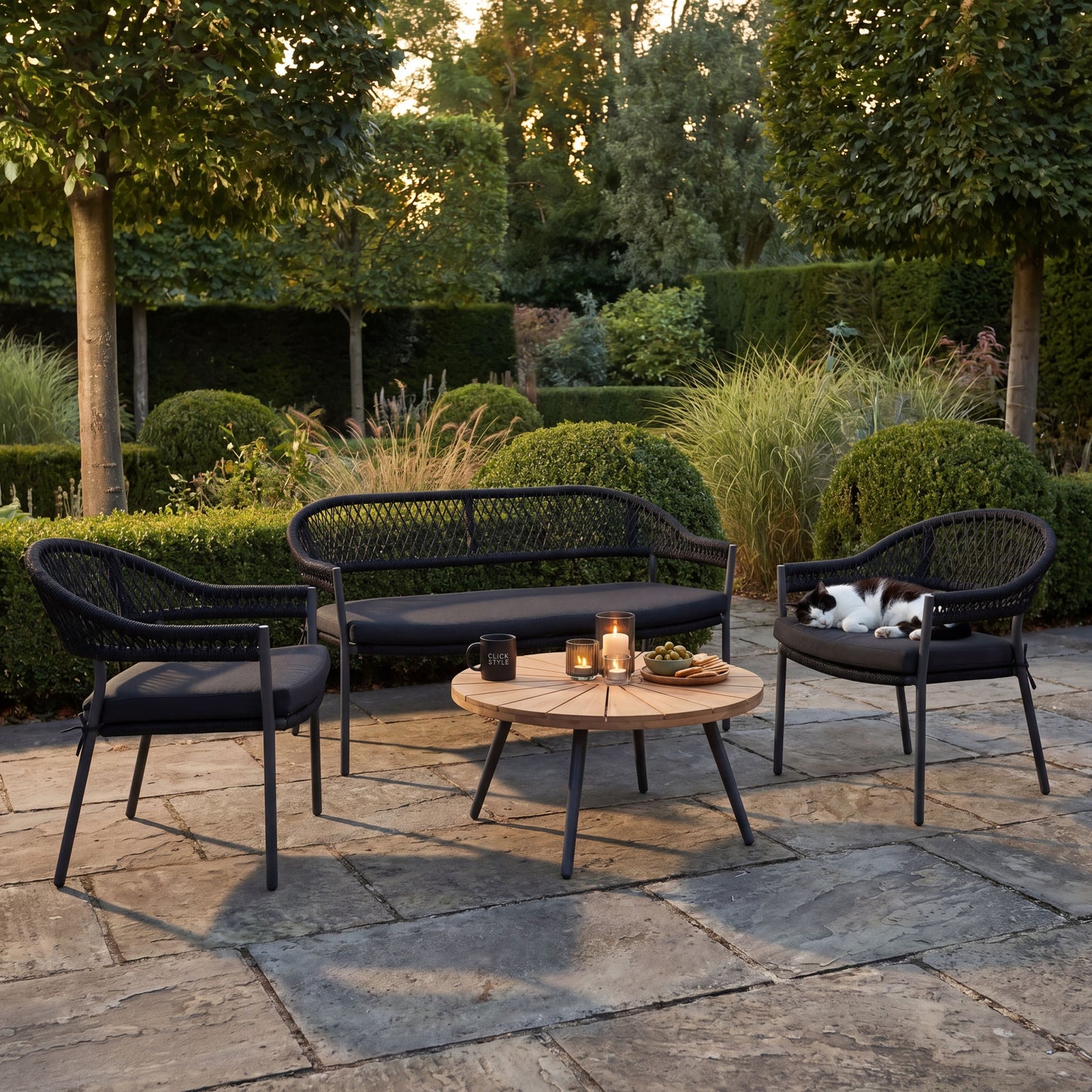 Black 4-Seater Outdoor Rope Garden Sofa Set with Cushions – Acacia Wood Coffee Table & Powder-Coated Aluminium Chairs – contemporary black rope weave garden lounge set with teak-effect acacia wood round coffee table, powder-coated aluminium frames, season-proof cushions and luxury patio seating for modern terraces, courtyards and stylish outdoor living spaces 39x80x80cm | Click Style