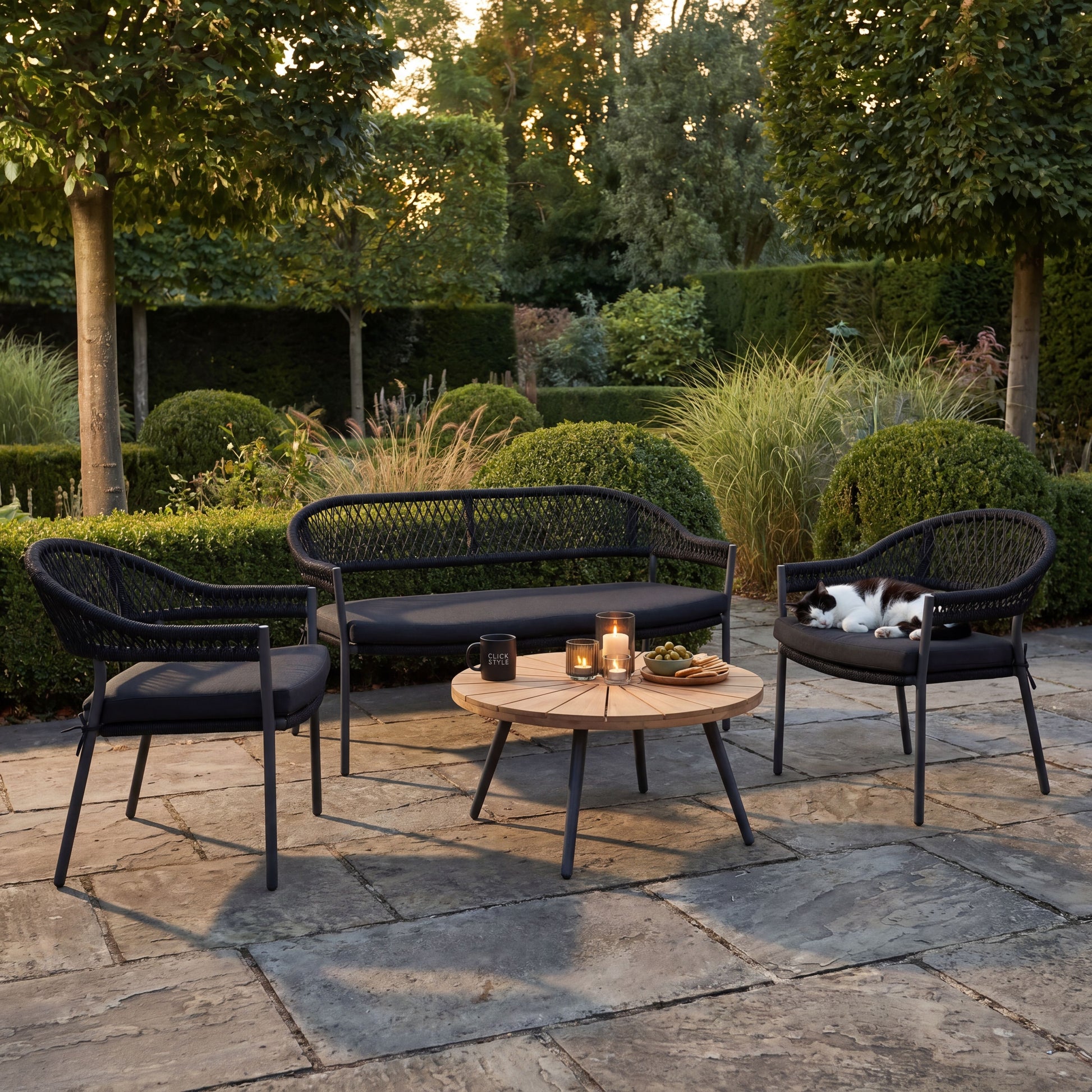 Black 4-Seater Outdoor Rope Garden Sofa Set with Cushions – Acacia Wood Coffee Table & Powder-Coated Aluminium Chairs – contemporary black rope weave garden lounge set with teak-effect acacia wood round coffee table, powder-coated aluminium frames, season-proof cushions and luxury patio seating for modern terraces, courtyards and stylish outdoor living spaces 39x80x80cm | Click Style