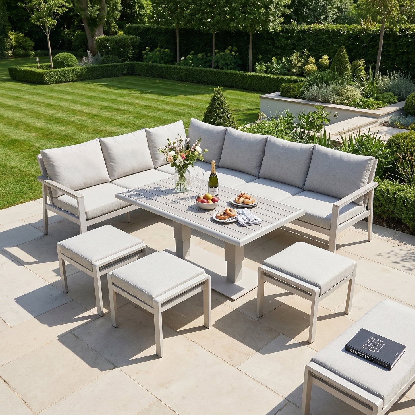 Grey & Cream 8-Seater Outdoor Garden Corner Sofa Set with Cushions – Aluminium Frame, Adjustable Polywood Coffee to Dining Table & 3 Footstools with Latte Cream Frame, Ash Grey Wood-Effect Polywood Top and Putty Grey Olefin Cushions for Patio Dining, Garden Lounging & Outdoor Entertaining | Click Style