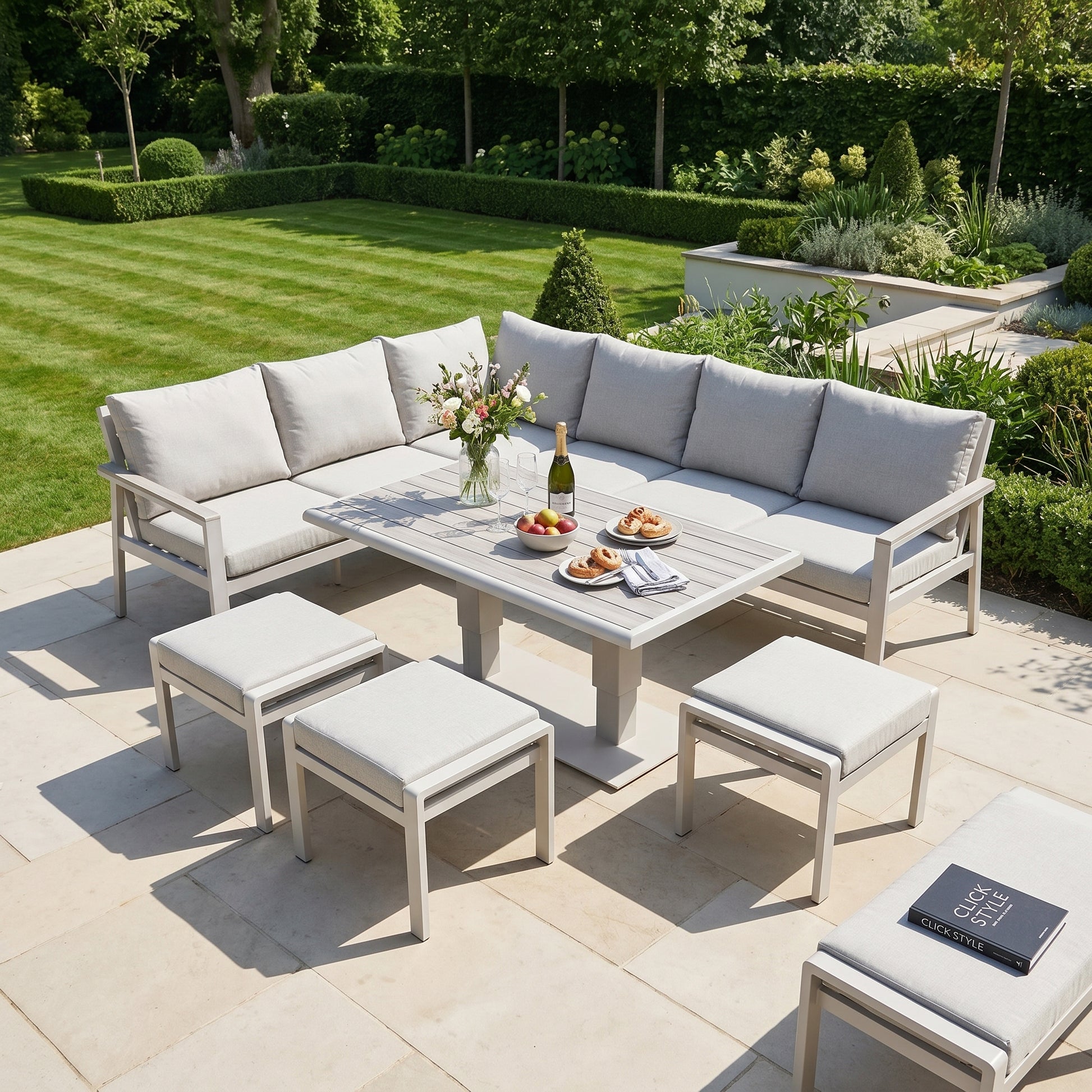 Grey & Cream 8-Seater Outdoor Garden Corner Sofa Set with Cushions – Aluminium Frame, Adjustable Polywood Coffee to Dining Table & 3 Footstools with Latte Cream Frame, Ash Grey Wood-Effect Polywood Top and Putty Grey Olefin Cushions for Patio Dining, Garden Lounging & Outdoor Entertaining | Click Style