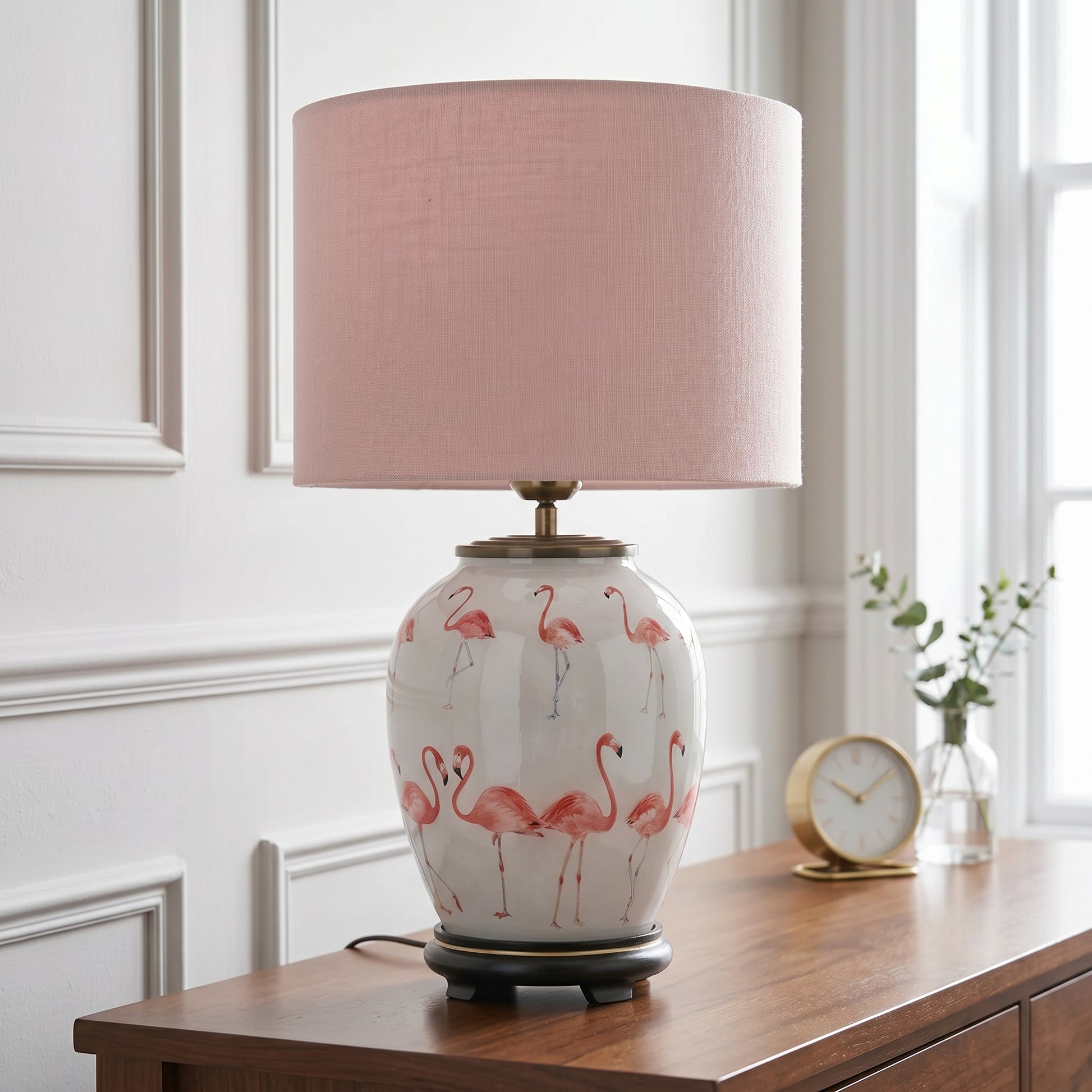 Jenny Worrall Pink Flamingos White Glass Bulbous Table Lamp Base with Antique Brass Feet Handcrafted Flamingo Design 36x20x20cm | Click Style