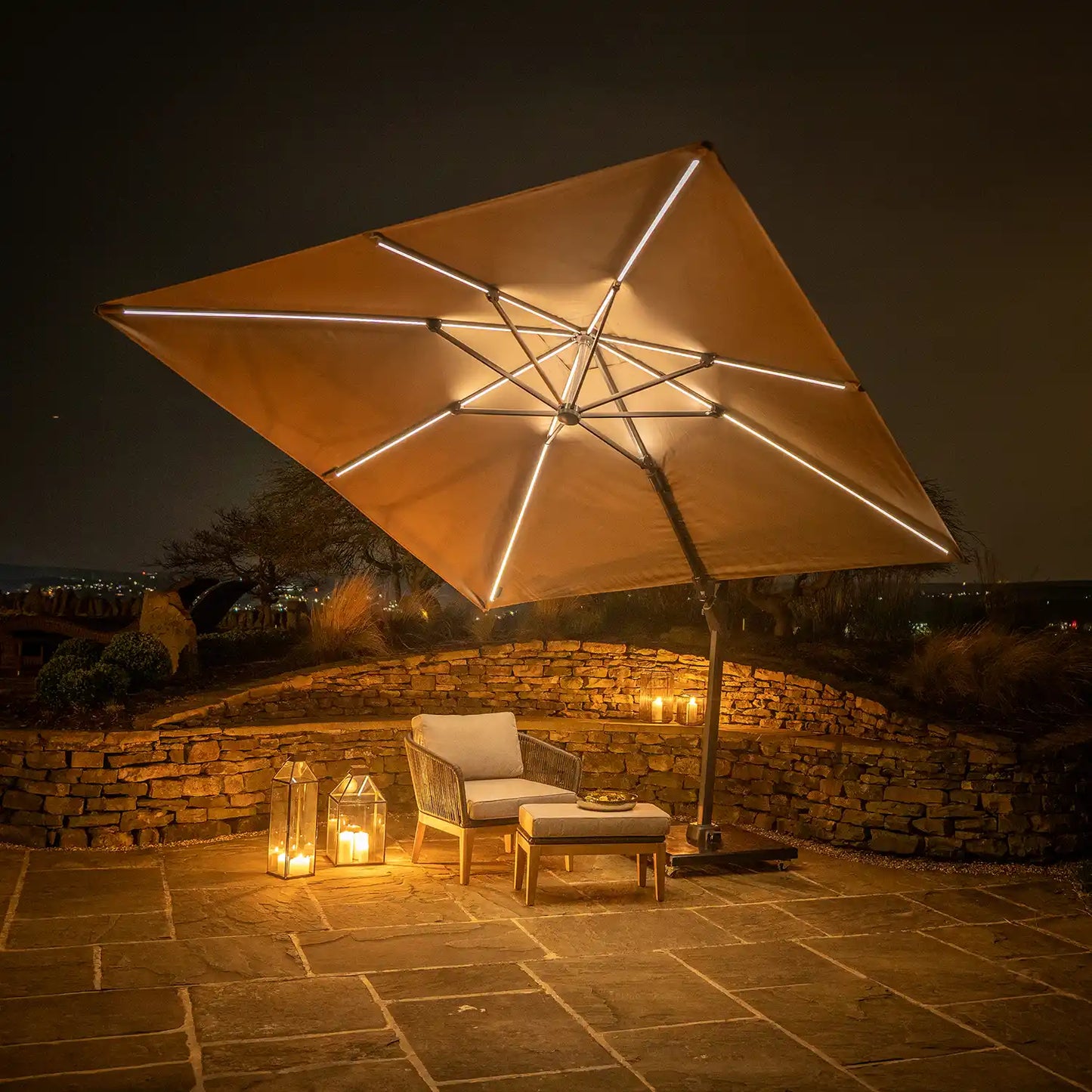 Platinum Challenger T2 Glow 3m Square Cantilever Parasol in Taupe – Click Style