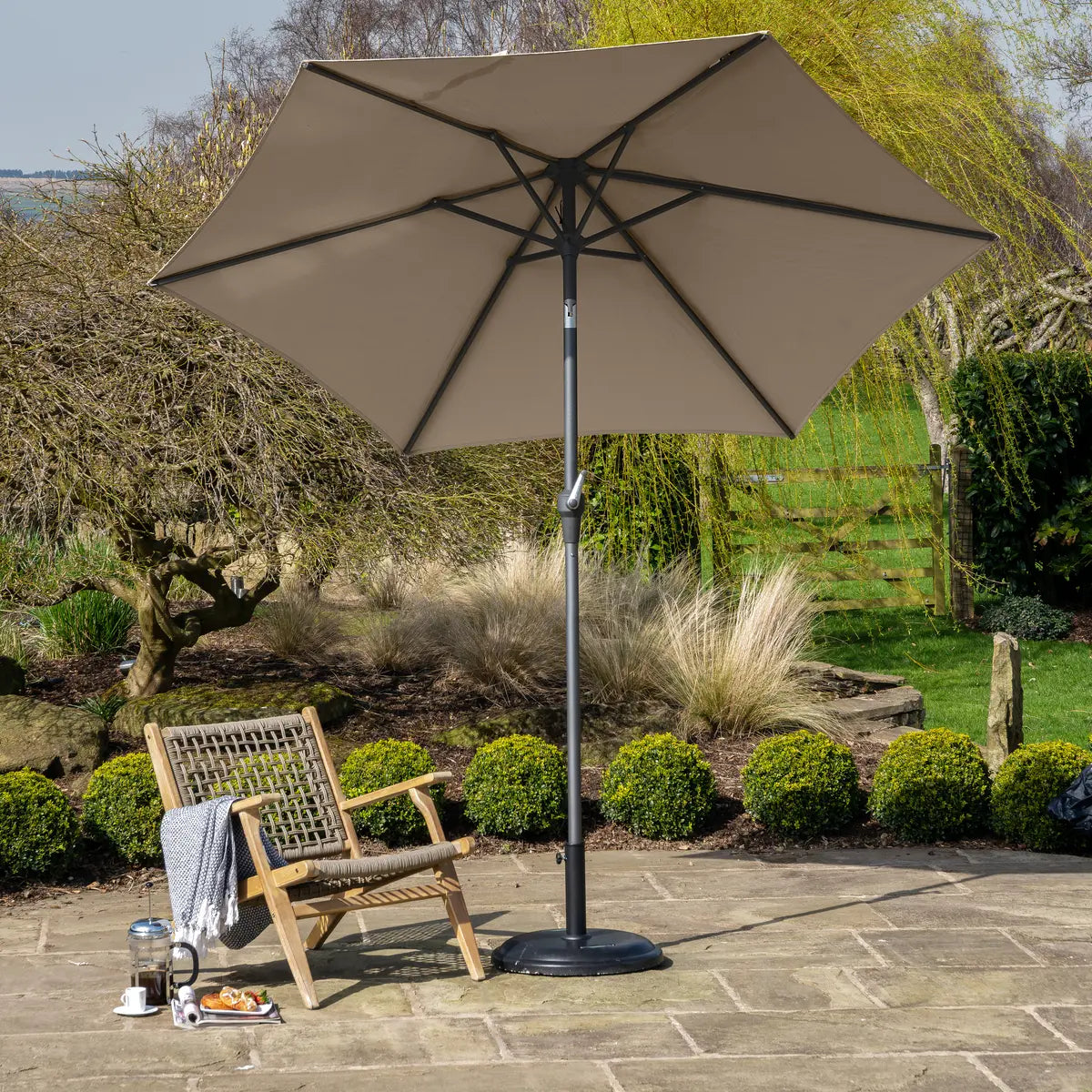 Platinum Riva 2.5m Round Centre Pole Parasol in Taupe – Click Style