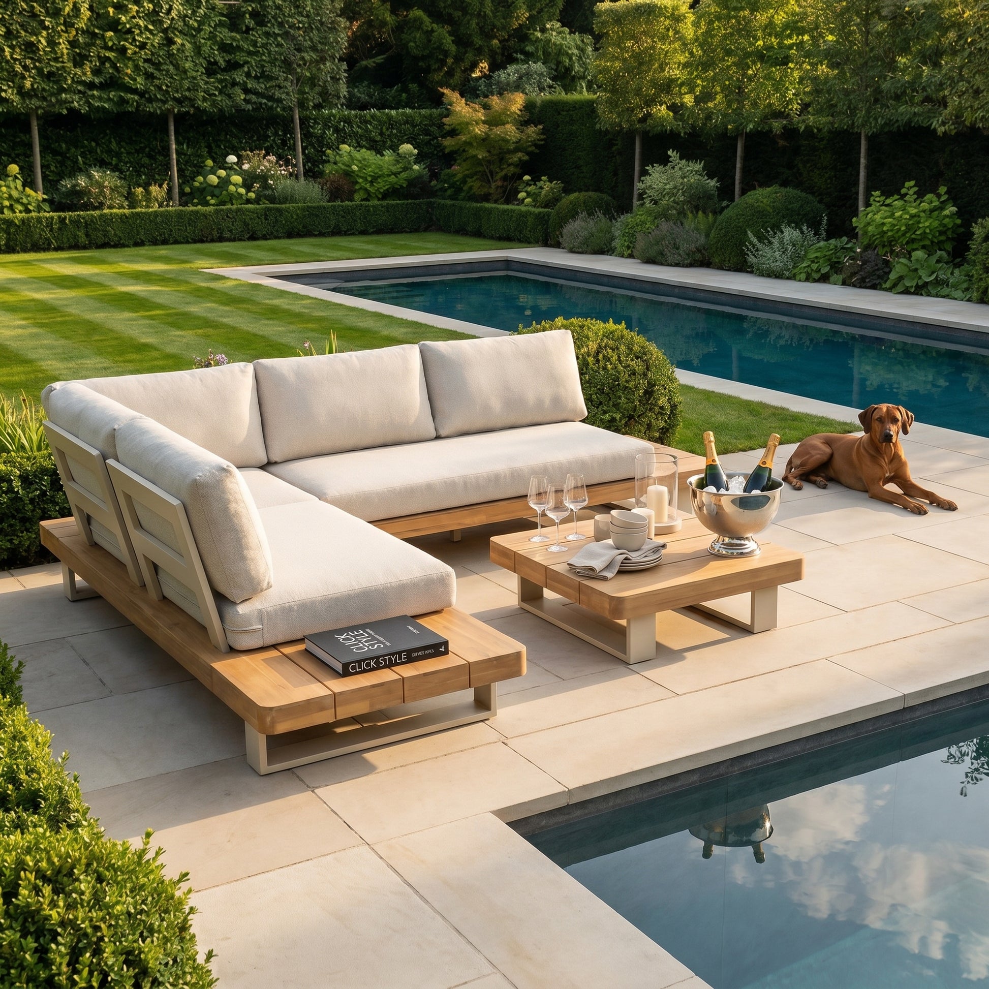 Natural & Light Beige 6-Seater Outdoor Garden Corner Sofa Set with Cushions – Acacia Wood Platform Lounge Set with Light Beige Powder-Coated Aluminium Frame, Coffee Table & Integrated Platform Side Tables 280x280cm, Deep Season-Proof Linen-Look Cushions & Weather-Resistant Outdoor Lounge Furniture for UK Gardens, Patios & Terraces | Click Style