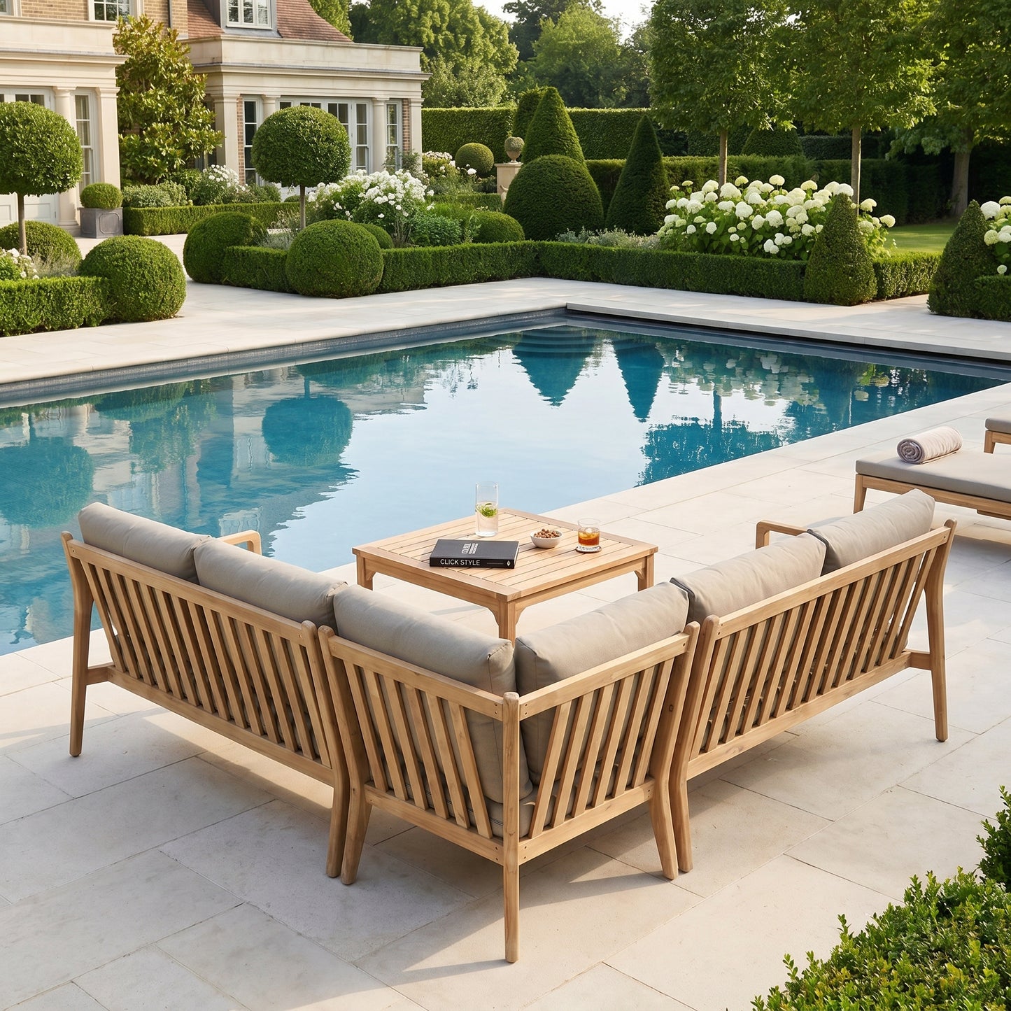 Neutral Beige Taupe Outdoor Garden Corner Sofa Set with Cushions & Square Coffee Table – Light Teak Effect Acacia Wood L-Shaped Lounge Set, 6-Seater Patio Corner Seating for Garden, Terrace, Conservatory & Outdoor Living Space | Click Style