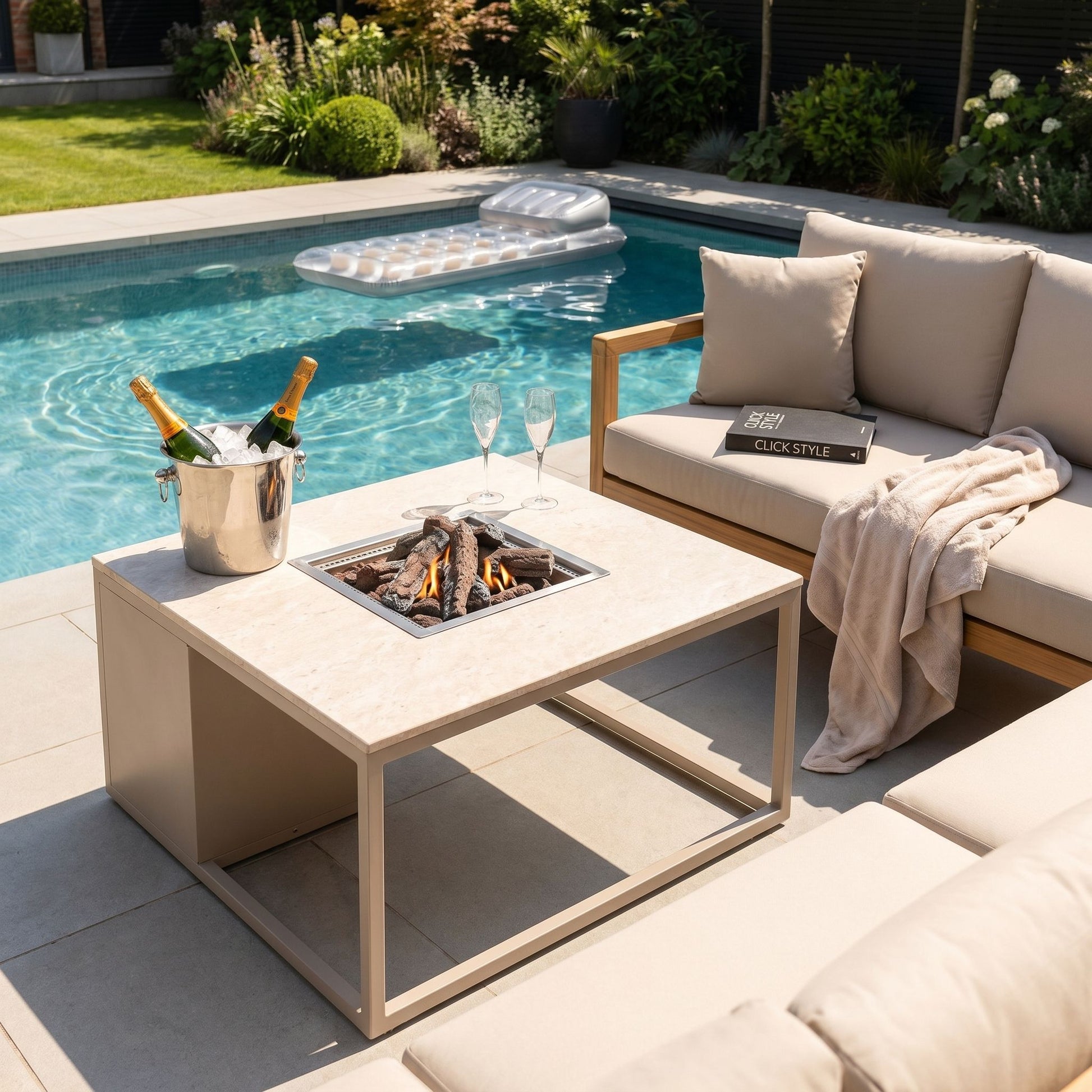 Cosiloft 100 Beige Taupe Gas Fire Pit Table with Stone-Effect Top – Square Outdoor Firepit 50x100x100cm – luxury propane gas garden fire pit coffee table with 9kW heat output, integrated gas burner with ceramic logs and lava stones, hidden 5kg gas bottle storage, removable metal burner cover, weather-resistant aluminium frame and contemporary outdoor heating for patios, terraces and modern UK garden seating areas | Click Style
