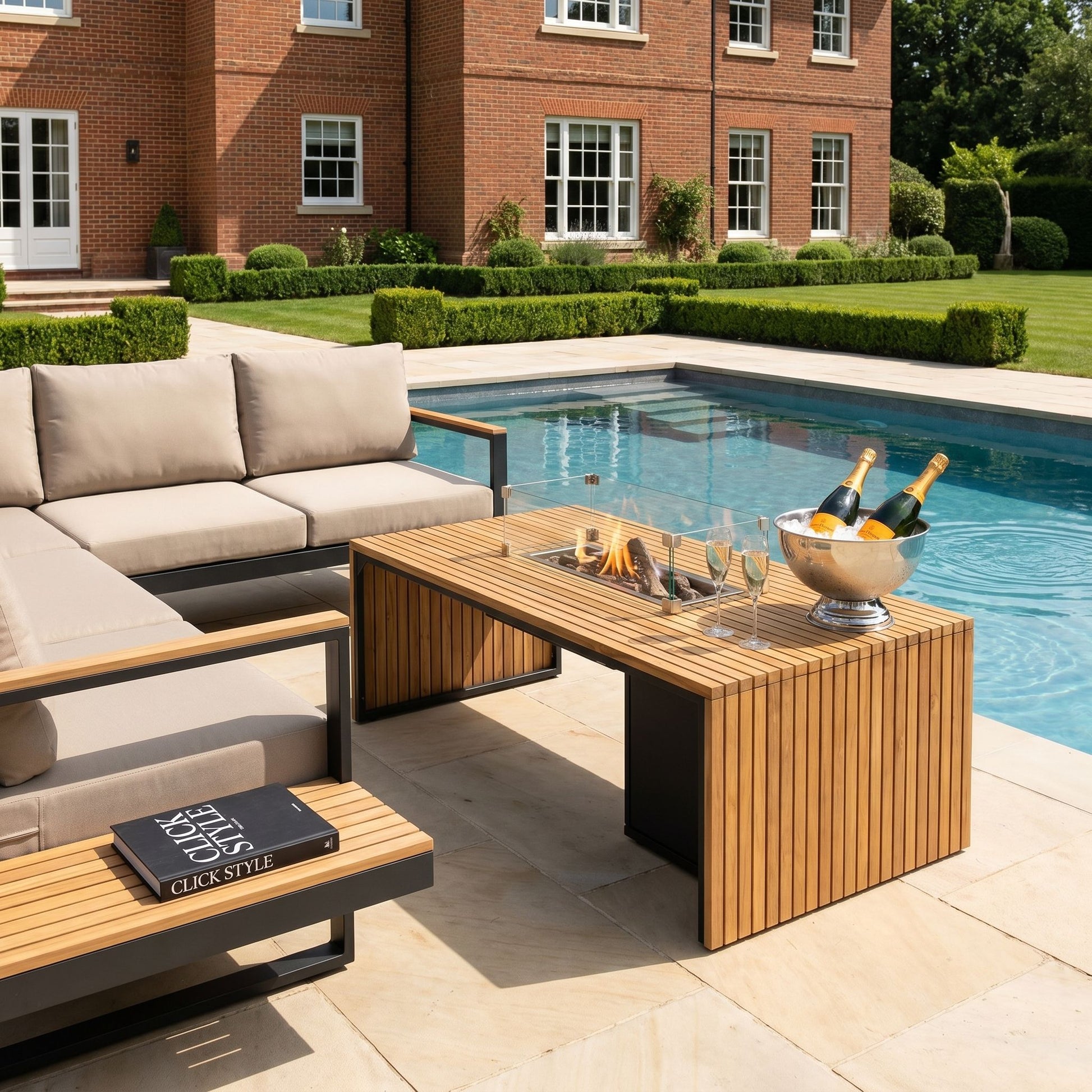 Cosibridge 140 Rectangular Outdoor Gas Fire Pit Table with Slatted Teak Wood Top & Sides – Freestanding Garden Coffee Table Firepit – luxury rectangular outdoor gas fire pit table with slatted teak finish, aluminium frame, optional glass wind guard and ceramic logs, propane gas burner with lava stones, modern patio heater table styled with corner sofa seating for gardens, patios and terraces | Click Style