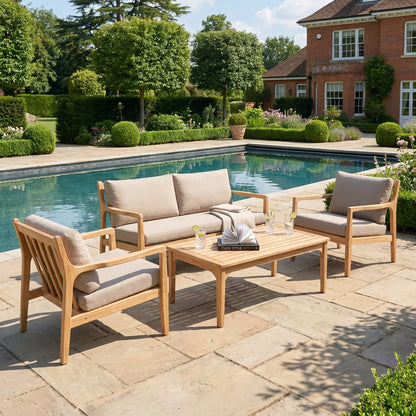 Neutral Beige Taupe Outdoor Garden Sofa Set with Cushions, 2 Armchairs & Rectangular Coffee Table – Light Teak Effect Acacia Wood 4-Seater Patio Lounge Set with Deep Seat & Back Cushions for Garden, Terrace, Conservatory, Decking & Outdoor Living Space | Click Style