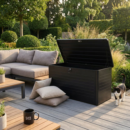 Large Black Galvanised Steel Outdoor Cushion Storage Box with Lockable Lid – Metal Garden Storage Chest 91x160x79cm – weatherproof powder-coated galvanised steel outdoor cushion storage box with gas pump-assisted soft-close lid, lockable garden storage for patio cushions, furniture covers and outdoor accessories, modern black luxury garden storage chest for premium outdoor living spaces | Click Style