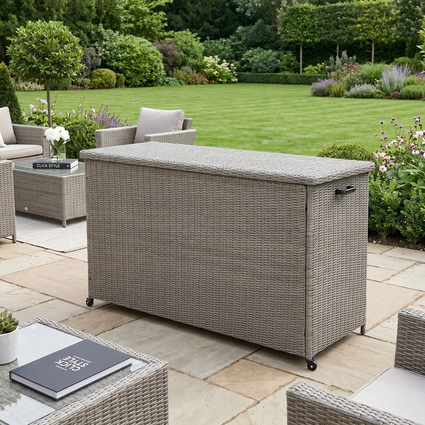 Large Slate Grey Rattan Effect Garden Cushion Storage Box 1000L Weatherproof Outdoor Cushion Storage Box with Gas Piston Assisted Lid, Wheels, Rustproof Aluminium Frame & PE Rattan Weave | Click Style
